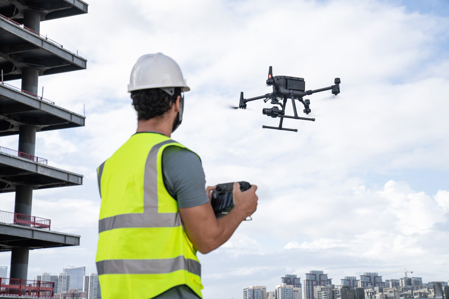 Zenmuse P1 capturing aerial photogrammetry data over terrain