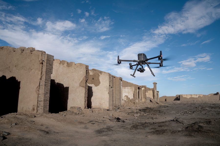 Zenmuse P1 capturing oblique imagery over urban site