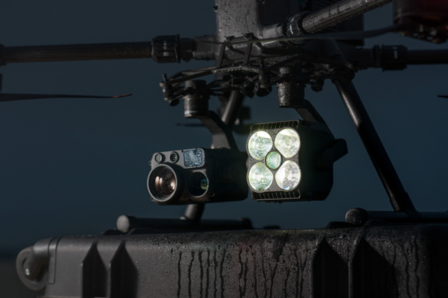Close-up of Zenmuse S1 spotlight head showing optics and cooling design