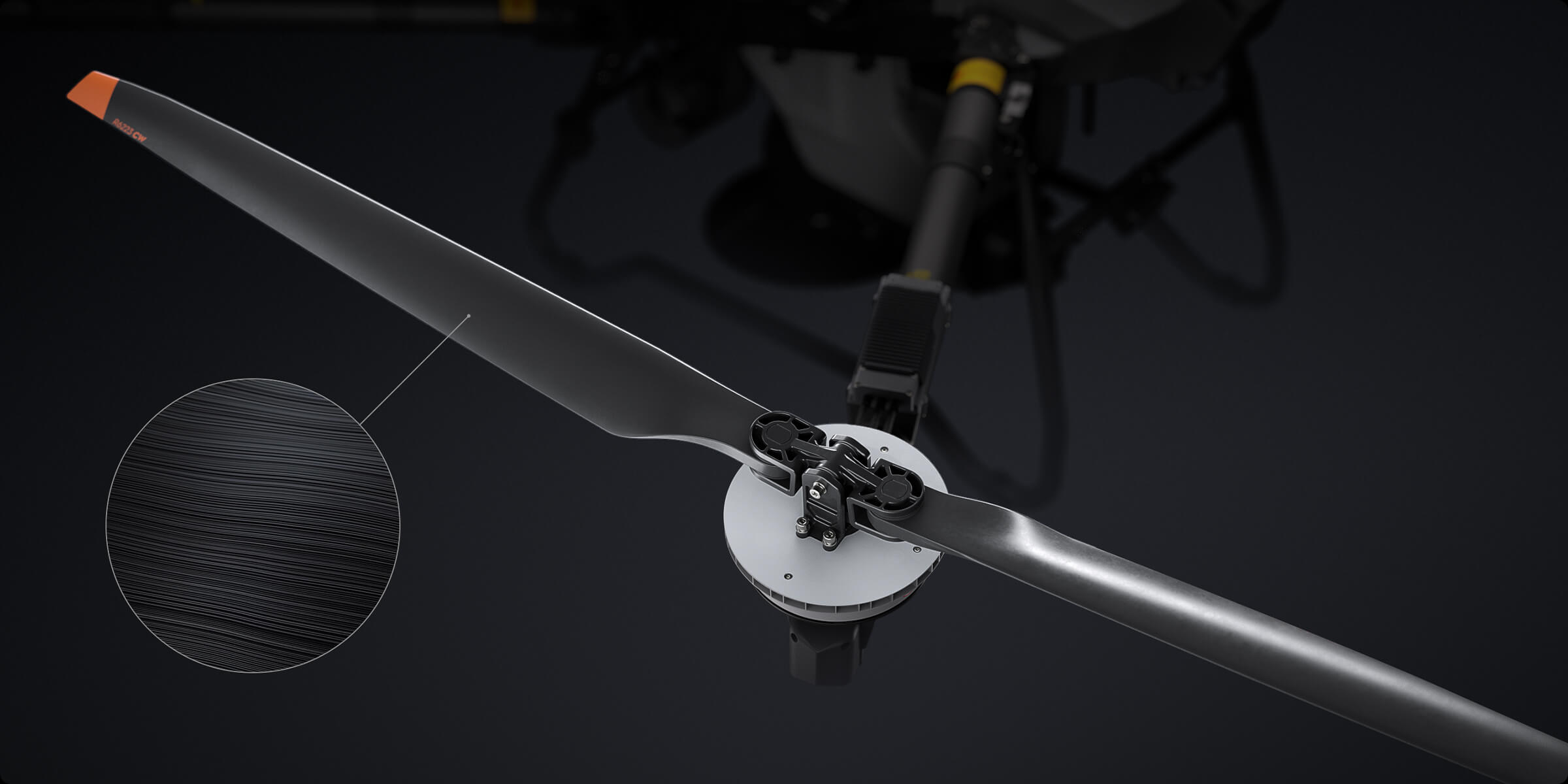 Close up view of the carbon fiber composite propeller connection and motor mount