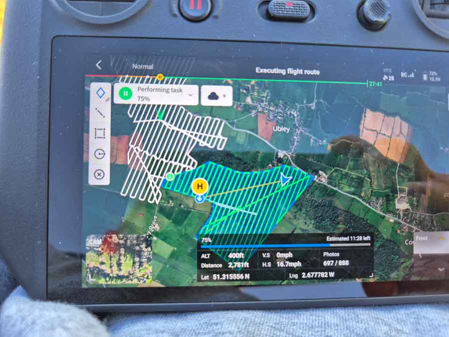 DJI RC controller showing multispectral drone mapping mission